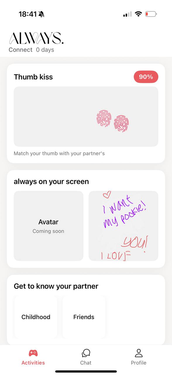 Always app — Thumb Kiss, shared notes, partner questions